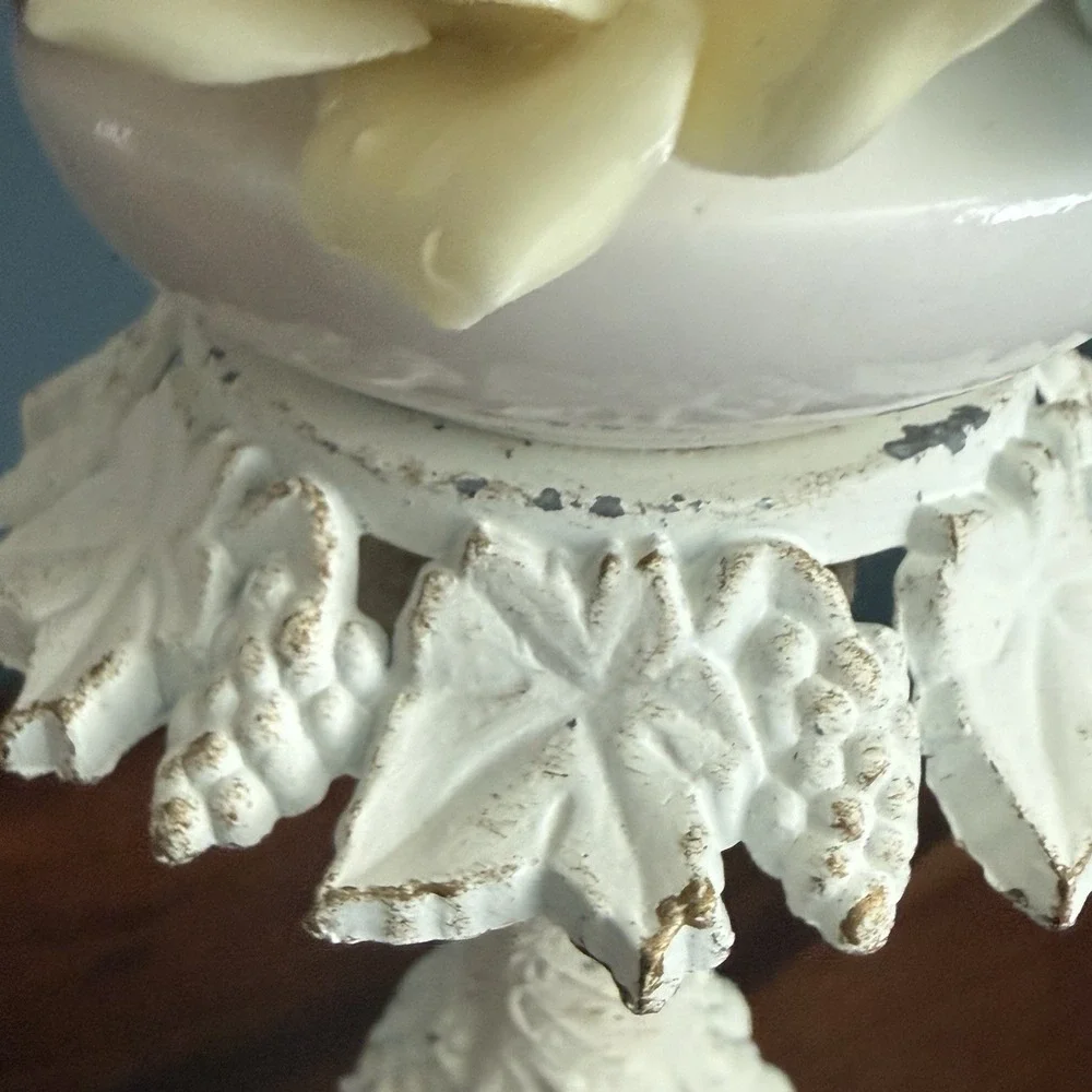 Vintage Floral Lamp Porcelain Roses Marble Base Cast Iron Cottage Shabby Chic